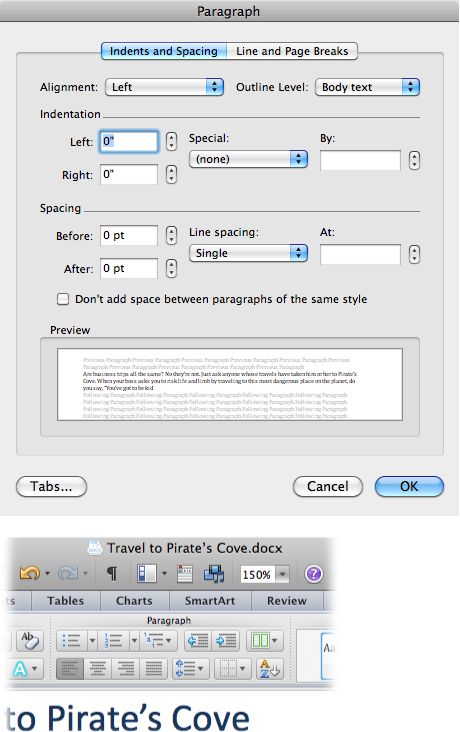 Top: The paragraph dialog box, with its two panels and layers of settings gives you the most complete collection of paragraph formatting options.Bottom: The Home tab of the ribbon isn’t as complete, but it does give you easy access to the most frequently used commands.