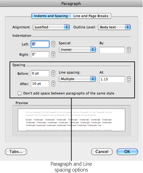 You’ll find the settings for paragraph and line spacing in the middle of the Paragraph box.