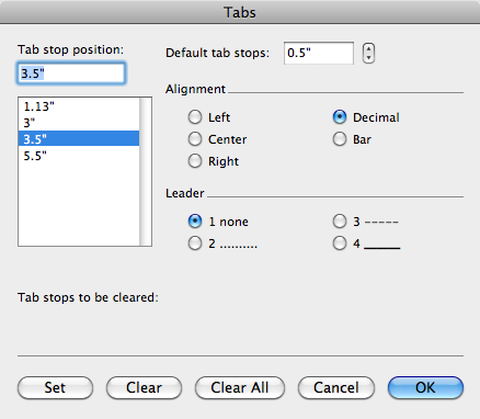 The Tabs box puts you in complete control of all things tabular. When you select a specific tab in the upper-left box, you can customize its alignment and leader characters.