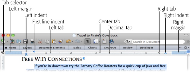 Word’s ruler provides lots of information about the formatting of the current paragraph, that is, the paragraph that contains the insertion point. Use the button just above the scroll bar for a quick way to show and hide your ruler. If the ruler isn’t displayed, move the cursor to the top of your document and the ruler pops up temporarily.
