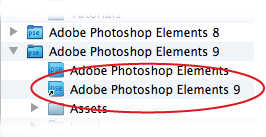 If you have a Mac and for some reason you want to see the Welcome screen, go to ApplicationsâAdobe Photoshop Elements 9, and you see two very similar icons. Double-click the one thatâs third from the top here (which is called just âAdobe Photoshop Elementsâ) to launch the Editor. Double-click the one with the curved black arrow on it (circled here) to bring up the Welcome Screen.