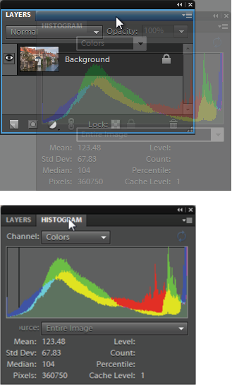 You can combine two or more panels once youâve dragged them out of the Panel bin.Top: Here, the Histogram panel is being pulled into, and combined with, the Layers panel. To combine panels, drag one of them (by clicking on the panelâs name tab) onto the other panel. When the moving panel becomes ghosted and you see the blue outline shown here, theyâll combine as soon as you let go of your mouse button. (You can also make a vertical panel group where one panel appears above another by letting go when you see a blue line at the bottom of the of the host panel, instead of an outline all the way around it like you see here.)Bottom: To switch from one panel to another after theyâre grouped, just click the tab of the one you want to use. To remove a panel from a group, simply drag it out of the group. If you want to return everything to how it looked when you first launched Elements, click Reset Panels (not visible here) at the top of your screen.