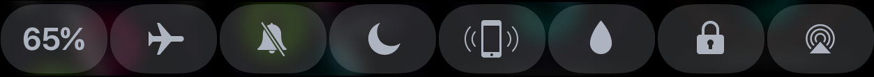 **â ** The icons that appear in Control Center (arranged horizontally here, rather than in rows of two) give you access to frequently used controls and information.