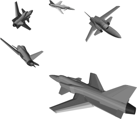 Figure showing affine maps in 3D: fighter jets twisting and turning through 3D space.