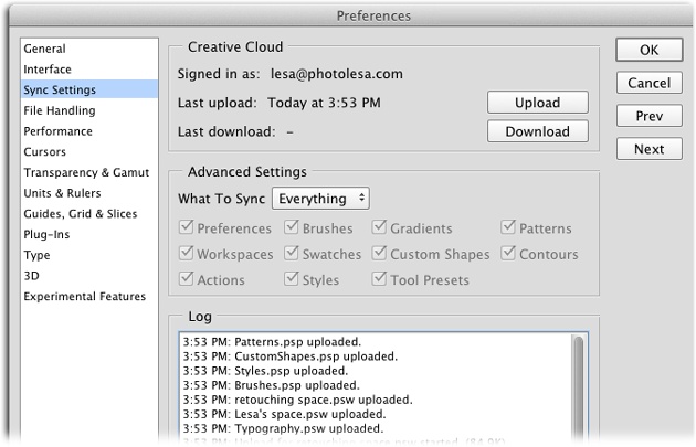Adobe simplified the sync-settings process in the latest version of Photoshop, and added the ability to upload any custom workspaces that you’ve saved (page 12).Technically, you don’t really sync settings any more, you merely upload them to—or download them from—Creative Cloud using the handy buttons shown here. That’s it. Photoshop even keeps track of when your last upload occurred.