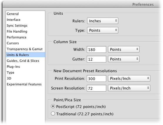 To really save some time, take a moment to adjust the settings in the New Document Preset Resolutions section (resolution, as you’ll learn on page 254, controls pixel size).From that point on, Photoshop automatically fills in the New Document dialog box with the settings you entered here (you’ll learn about creating documents beginning on page 38).