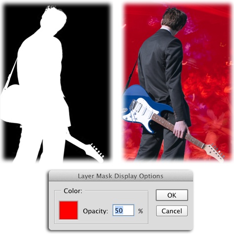 Left: To get inside a layer mask and edit it in full grayscale glory—handy for ensuring your subject is fully revealed—Option-click (Alt-click on a PC) the mask’s thumbnail in the Layers panel.Once you’re inside the mask, you can then copy and paste pixels—including text—right into it. (Page 661 has a cool example involving snatching texture from a photo and pasting it into a mask to add it to text.) When you’re finished editing the mask, click the layer’s thumbnail.Right: To edit the mask with a red overlay (like Quick Mask Mode; page 193), click the mask in the Layers panel to activate it, and then press the backslash key (\). To change the overlay’s color, open the Properties panel’s menu and choose Mask Options. In the dialog box that appears (shown here), click the color square and then pick a new color from the resulting Color Picker. Press the backslash key again to send the overlay packin’.