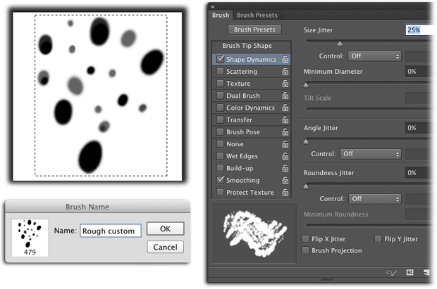Left: You can create this paint dab by starting with one of the small, soft-edged brush presets. Set your foreground color chip to black, paint a few dots, and then switch to some shade of gray and paint a few more. Just make sure that the Options bar’s Opacity field is set to 100 percent.Right: If you tweak a few settings in the Brush panel, you can create an extremely useful texture and shading brush.