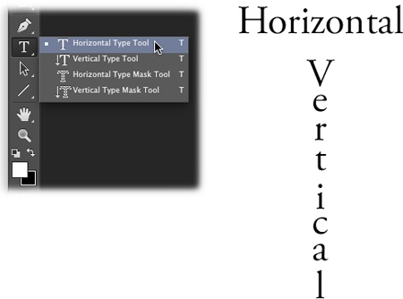 Left: Click the big T in the Tools panel to reveal all your type tool options: the Horizontal and Vertical Type tools, and the Horizontal and Vertical Type Mask tools (discussed on page 628).Right: Use the Horizontal Type tool to create text that flows from left to right in a straight line. Use the Vertical Type tool to create text that flows down the page from top to bottom in a column (and which absolutely no one can read).You can change text’s orientation—whether it flows from left to right or top to bottom—anytime by clicking the Text Orientation button in the Options bar (it looks like a capital T with tiny downward and right-facing arrows). To create text that flows backward (from right to left or bottom to top), see page 626.