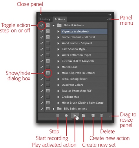 You can rename, duplicate, and delete actions just like layers and channels. Shift-click or ⌘-click (Ctrl-click) to activate multiple actions so you can add them to an action set—a folder you can use to organize actions—or delete them.To view each step inside an action, click the little flippy triangle next to the action’s name.Among Photoshop’s built-in actions is the Mixer Brush Cloning Paint Setup by Photoshop-painting pioneer John Derry (www.pixlart.blogspot.com). Double-click it in the Actions panel’s list, and Photoshop adds a slew of well-organized layers to the current document that you can then use to turn your photo into a painting. For more on this action, see the Tip back on page 536.