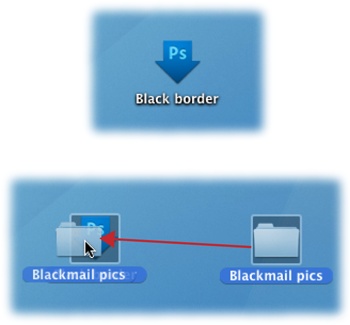 Top: A droplet looks like a big, fat, blue arrow.Bottom: To use a droplet, simply drag and drop a file or folder onto its icon, and Photoshop performs the droplet’s action on the file(s).If Photoshop isn’t running when you drop files onto the droplet, it launches automatically.