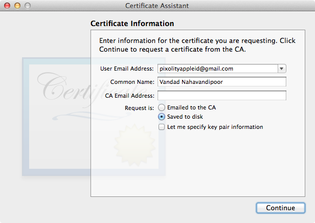 Creating a certificate signing request in Keychain Access