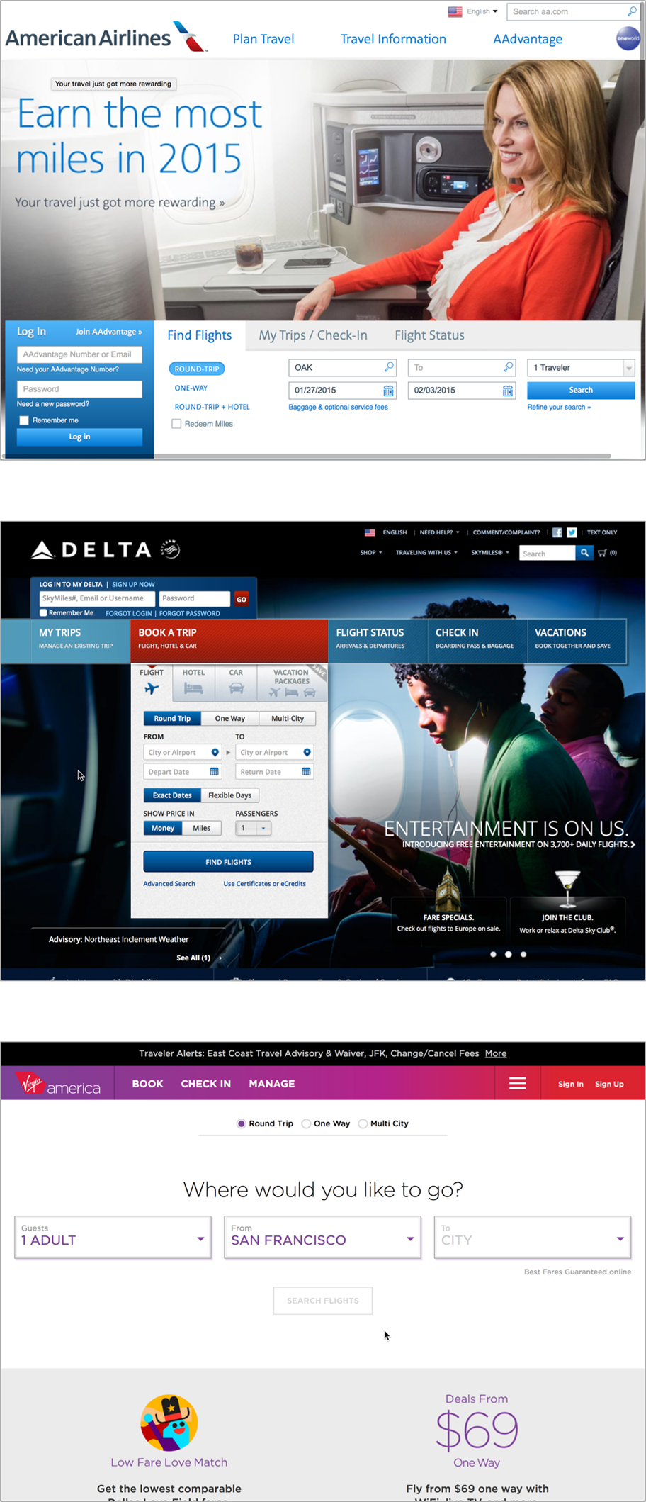 Three airline websites with slight structural differences that help set them apart; all three keep enough of the “airline” typology to avoid confusing users