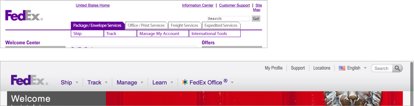 The primary navigation structure of FedEx’s website in 2005 and 2015—the newer version is greatly simplified and more user friendly, but the fundamental structure is still recognizable