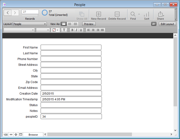 Unlike the stark emptiness shown in Figure 1-1, this view of the database has fields for entering information, and some fields even have something in them before you start to type (see page 245 for more information on auto-enter fields). The fields are arranged in a column, the way FileMaker throws them on the screen when you first create them. Compare this screen with Figure 1-3, where the fields are resized and rearranged to create a more pleasing interface to showcase your data.