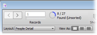 In addition to displaying the controls for switching records, the Status toolbar indicates where you are in the database. You’re looking at the first record in the found set of records. And the pie chart tool tells you that your current found set is showing 8 of the 27 total records in the database. If you click the pie chart, the found set switches to show you the 19 records that aren’t in the current found set.