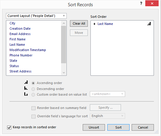 The Sort Records dialog box has a lot of options, but the two lists on top and the first two radio buttons are critical to every sort you’ll ever do in FileMaker. You pick the fields you want to sort by and the order in which they should be sorted and then click Sort. That’s the essence of any sort, from the simplest to the most complex.