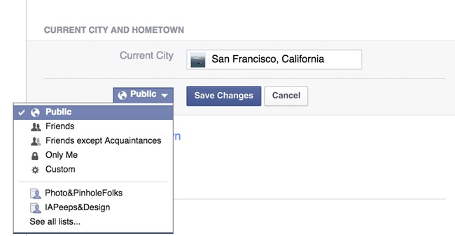 The privacy settings on Facebook () for parts of a profile.