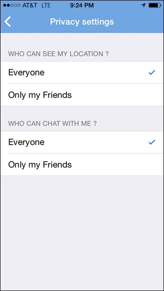 Privacy settings in Blobix. Users can adjust both location and contact capabilities (Blobix iOS application).