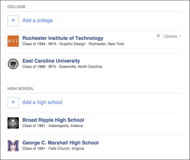 Facebook () has a robust area for collecting school information. School affiliation is one of the ways that Facebook creates networks of people with similar backgrounds.