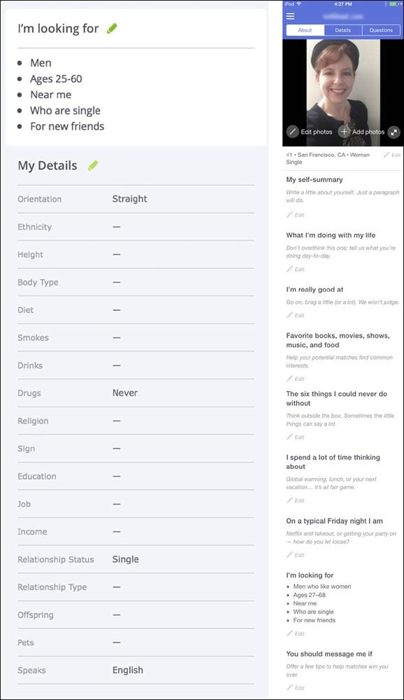 OkCupid’s profile asks for a series of things related to dating, including demographic details looking for sexual orientation, relationship status, and other things that would not be appropriate in other contexts ( and OKCupid iOS application).