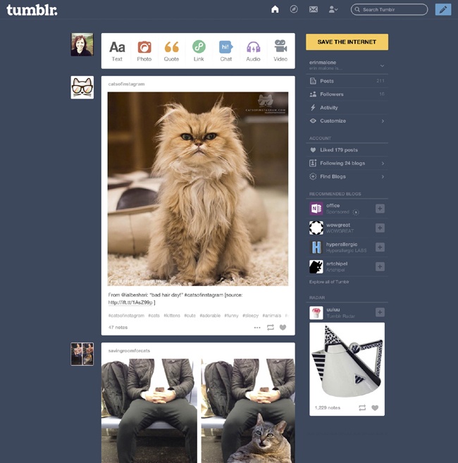 On Tumblr (), after a user is logged in, the home page is a personal dashboard, providing access to recent activity from friend and most other site features.