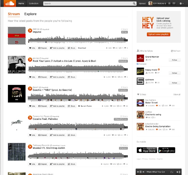 SoundCloud’s () signed-in home page shows recent posts from people I follow, makes recommendations for new people to follow, and shows the latest streams I have liked.