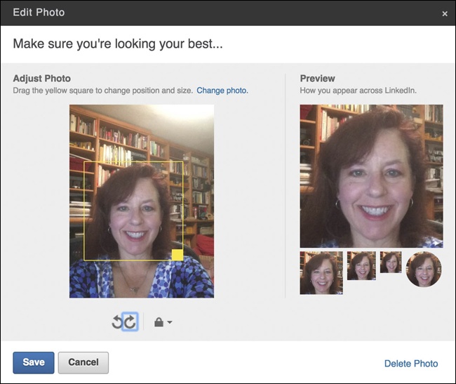 LinkedIn has an inline photo cropper overlay that gives users the ability to adjust the placement of the image within the square presentation.