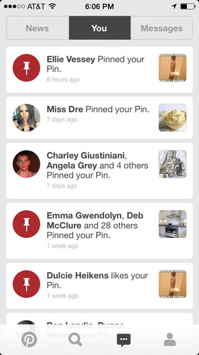 Attribution for activity—items pinned, likes, and other activity—on Pinterest.