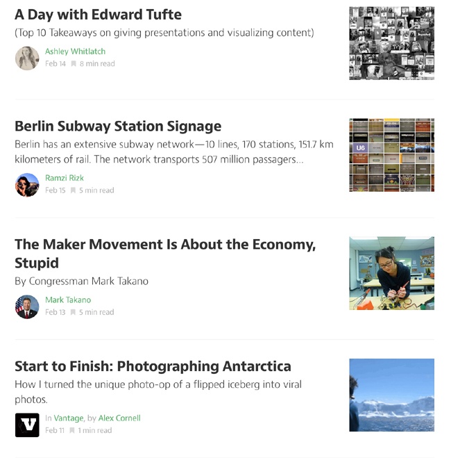 Attribution with an avatar accompanying the headline and brief description of articles on Medium ().