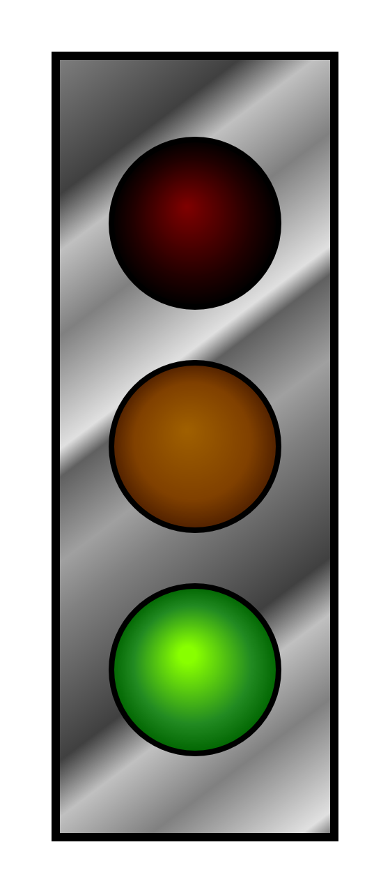 A silver rectangle with angled streaks of darker and lighter gray to suggest a reflective metal surface; three circles, arranged from top to bottom, are dark red, dark orange, and bright green, each highlighted to suggest a spherical shape protruding from the screen.