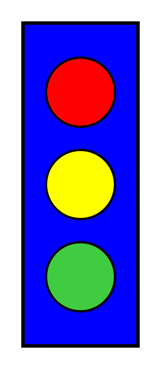 A tall blue rectangle with red, yellow, and green circles arranged from top to bottom.