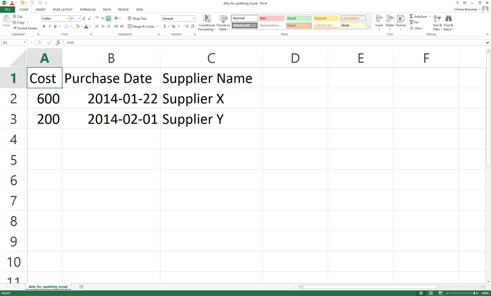 Example data for a CSV file named data_for_updating_mysql.csv, displayed in an Excel worksheet