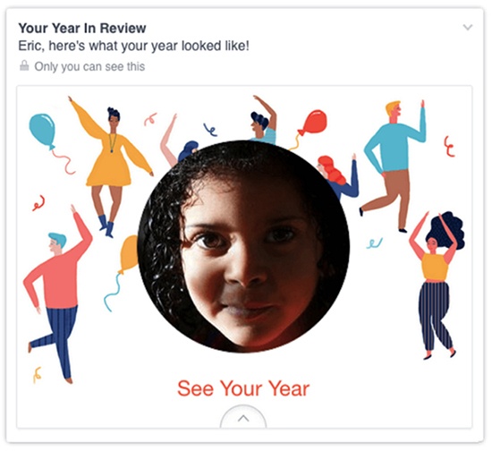 Eric Meyerâs 2014 Year in Review on Facebook, insensitively presenting a picture of his now deceased daughter surrounded by balloons and dancing people (image courtesy of Eric Meyer)