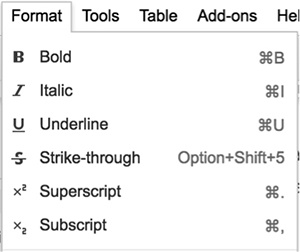 Google Docs spells out the shortcut, using the word âOptionâ instead of
