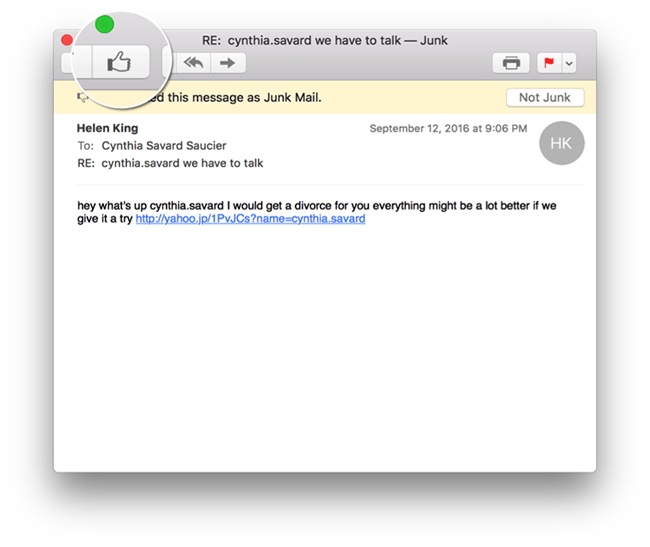 Apple Mail asks the user to âlikeâ an email in order to move it from the junk folder to the inbox