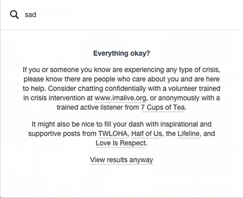 Screenshot from Tumblr.com. A search for âsadâ offers help instead of presenting the results.