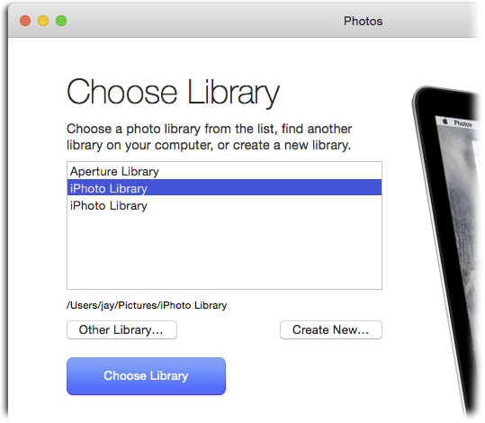 If Photos detects any iPhoto or Aperture libraries on your Mac, then this is the first screen you see. When you select a library, its location on your hard drive appears beneath the box.