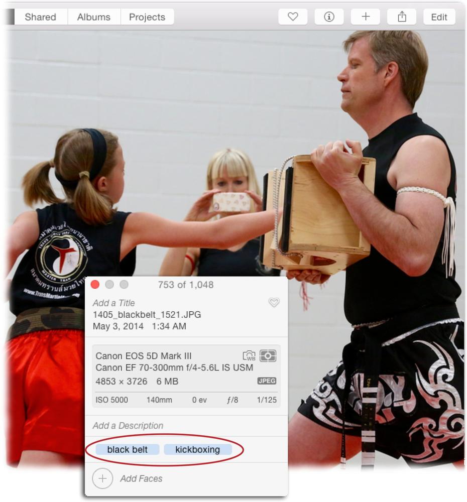 If you use the Info panel to add a keyword youâve never used before, Photos adds it to your keyword list the second you press Return. To enter a keyword phrase such as black belt, type both words, and then press Return.Photos displays your keywords in alphabetical order in the Info panel regardless of the order you entered them.(Mr. Grace and his daughter are pictured here during her black-belt test in Muay Thai kickboxing.)