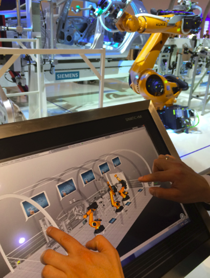 3D Simulation synchronized with physical assembly line, as showcased by Siemens at HMI 2014