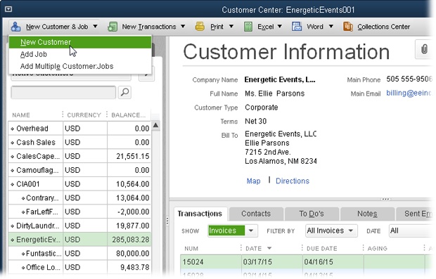 To create a new customer in the Customer Center, click New Customer & Job→New Customer. To view a customer’s details and transactions, on the Customers & Jobs tab on the left side of this window, click the customer’s name. If the Transactions tab is selected instead, you’ll see a New Customer button on the Customer Center menu bar; clicking it opens the New Customer window.
