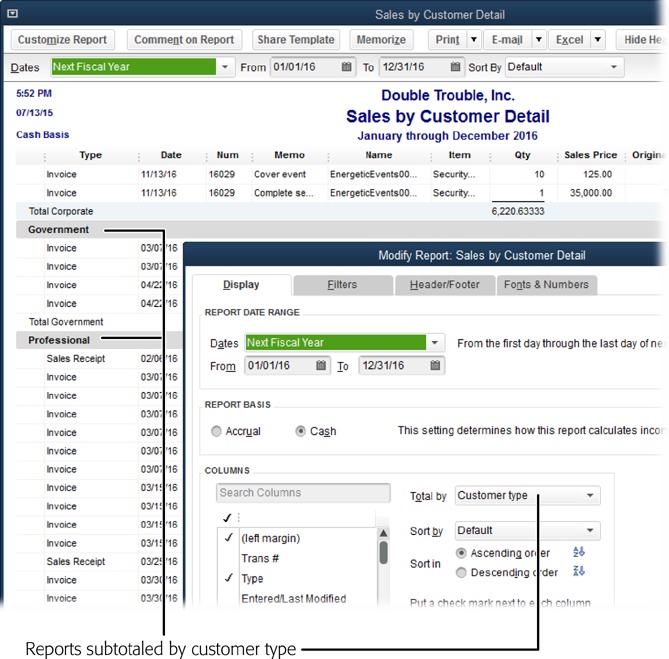 The Sales by Customer Detail report initially totals income by customer. To subtotal income by customer type (in this example, government, professional, and so on), click Customize Report in the report window’s button bar. On the Display tab of the Modify Report dialog box that appears, choose “Customer type” in the “Total by” drop-down list (labeled), and then click OK.
