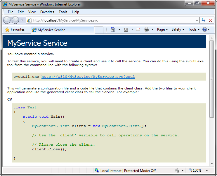 A service confirmation page