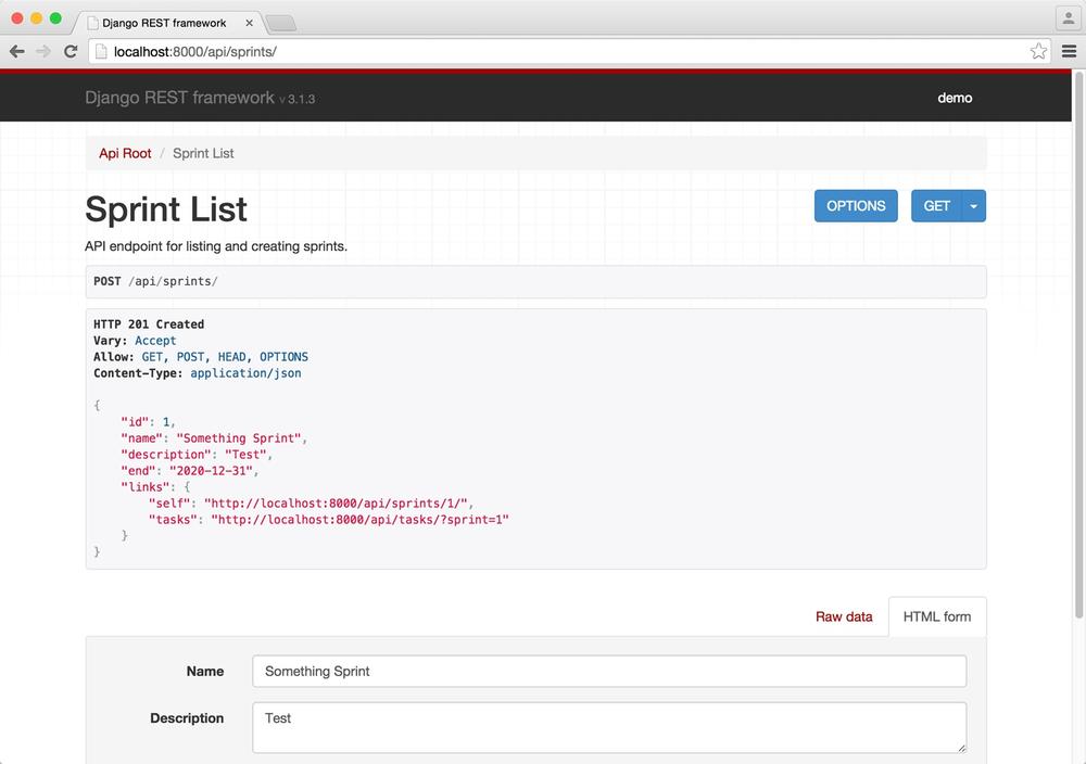 django-rest-framework screenshot for /api/sprints/ url
