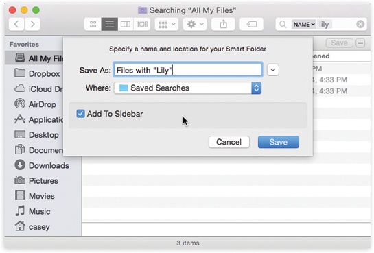 OS X can preserve your search as a smart folder listed in the Sidebar—at least, it does as long as Add to Sidebar is turned on. You can stash a smart folder in your Dock, too, although it doesn’t display a stack of its contents, as normal folders do.