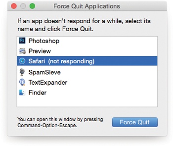 When you press Option-⌘-Esc or choose Force Quit from the menu, a tidy box listing all open programs appears—something like the Task Manager in Windows. Just click the one you want to abort, click Force Quit, and click Force Quit again in the confirmation box. (Using more technical tools like the Unix kill command, there are other ways to jettison programs. But this is often the most convenient.)