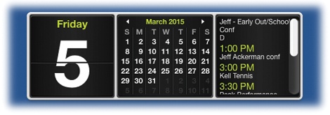 Click the “today’s date” pane to expand the second pane, which shows the month. (Click and to move a month at a time.) Click a third time to reveal whatever’s on the calendar for the remainder of the day today, as recorded in Calendar.