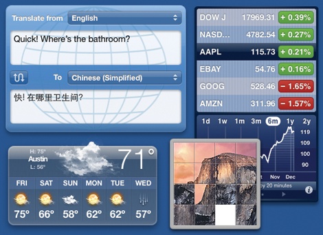 More of Apple’s built-in widgets. Clockwise from top left: Translation, Stocks, Tile Game, and Weather.