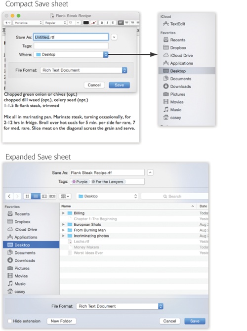 Top: The Save dialog box, or sheet, often appears in its compact form.Right: If you open the Where pop-up menu, you’ll find that OS X lists all the places it thinks you might want to save your new document: online (iCloud), on the hard drive, in a folder you’ve put into your Sidebar (“Favorites”), or into a folder you’ve recently opened.Bottom: If you want to choose a different folder or to create a new folder, click the button (next to the Save As box) to expand the dialog box. Here you see the equivalent of the Finder—with a choice of icon, list, or column view. Even the Sidebar is here, complete with access to other disks on the network.Tip: In most programs, you can enlarge the Save or Open dialog box by dragging one of its edges. You can also adjust the width of the Sidebar by dragging its right edge.