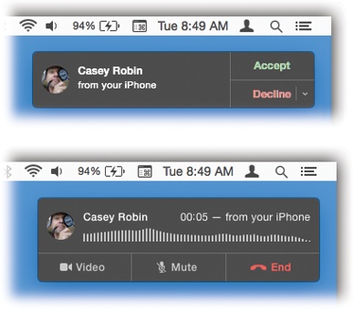 When a call comes in to your iPhone, a notification appears on your Mac (top). You can click to answer it (or decline it); your Mac’s microphone and speaker become your speakerphone (bottom).